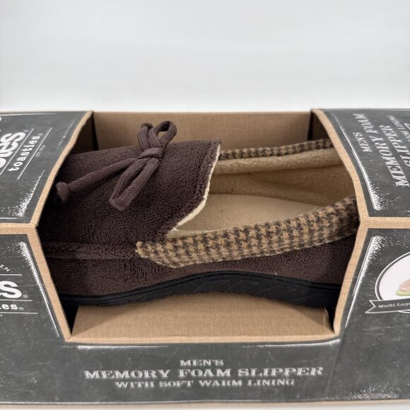 New TOTES Toasties Men's MEMORY FOAM SLIPPERS Brown Plaid Trim LARGE 9-10 Comfy - Picture 2 of 5